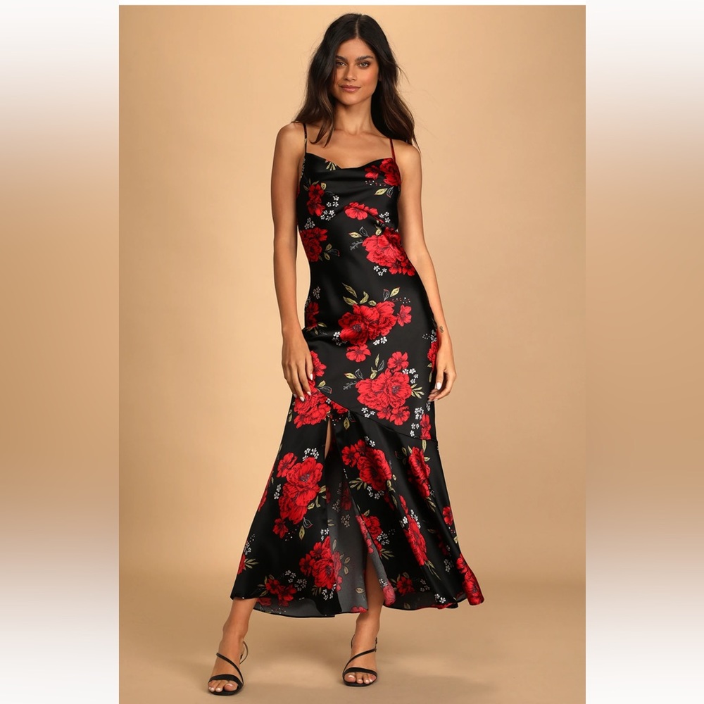 Lulus Red Floral Satin Maxi Dress (XL)